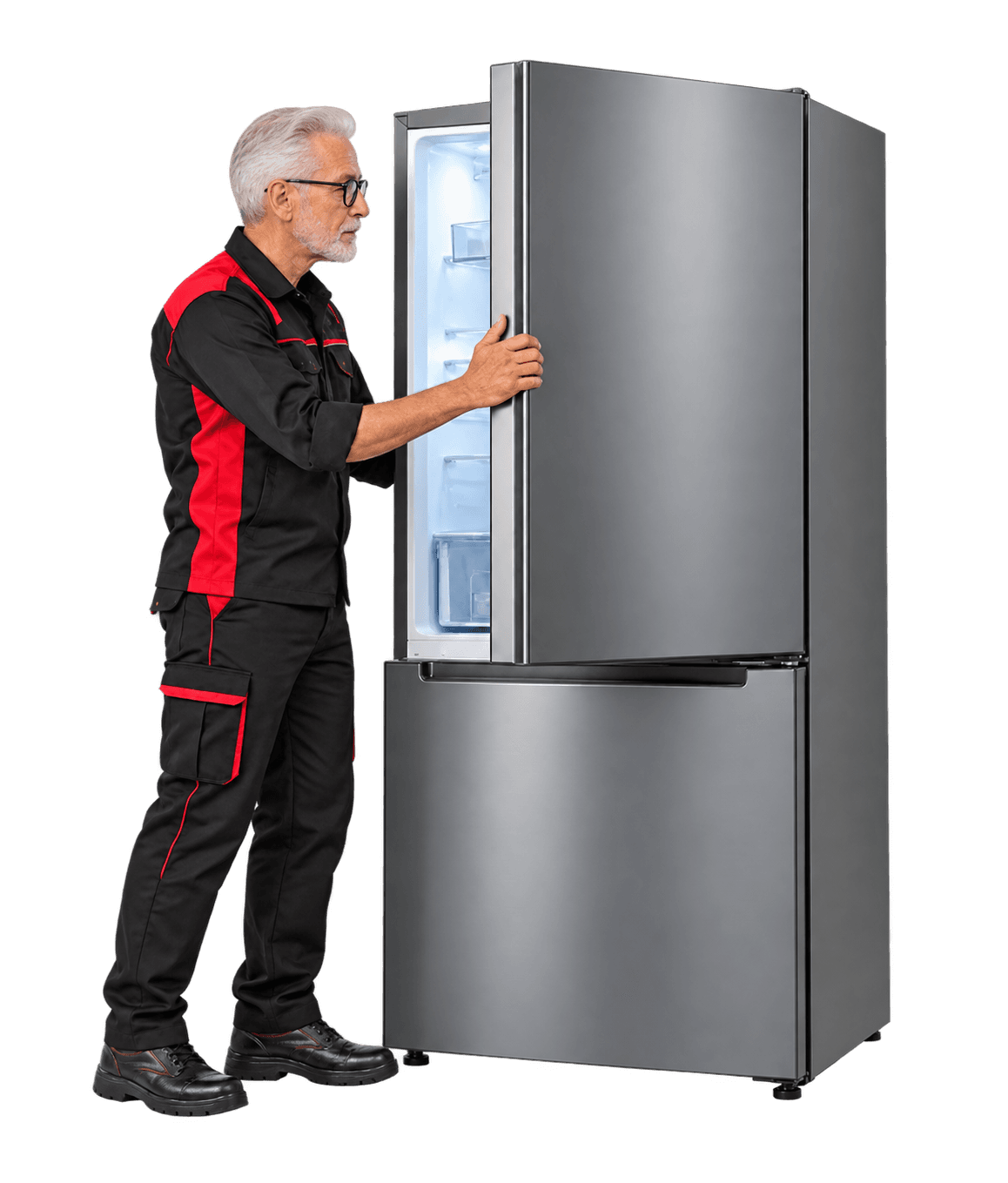 Kühlschrank wird vom Techniker geprüft