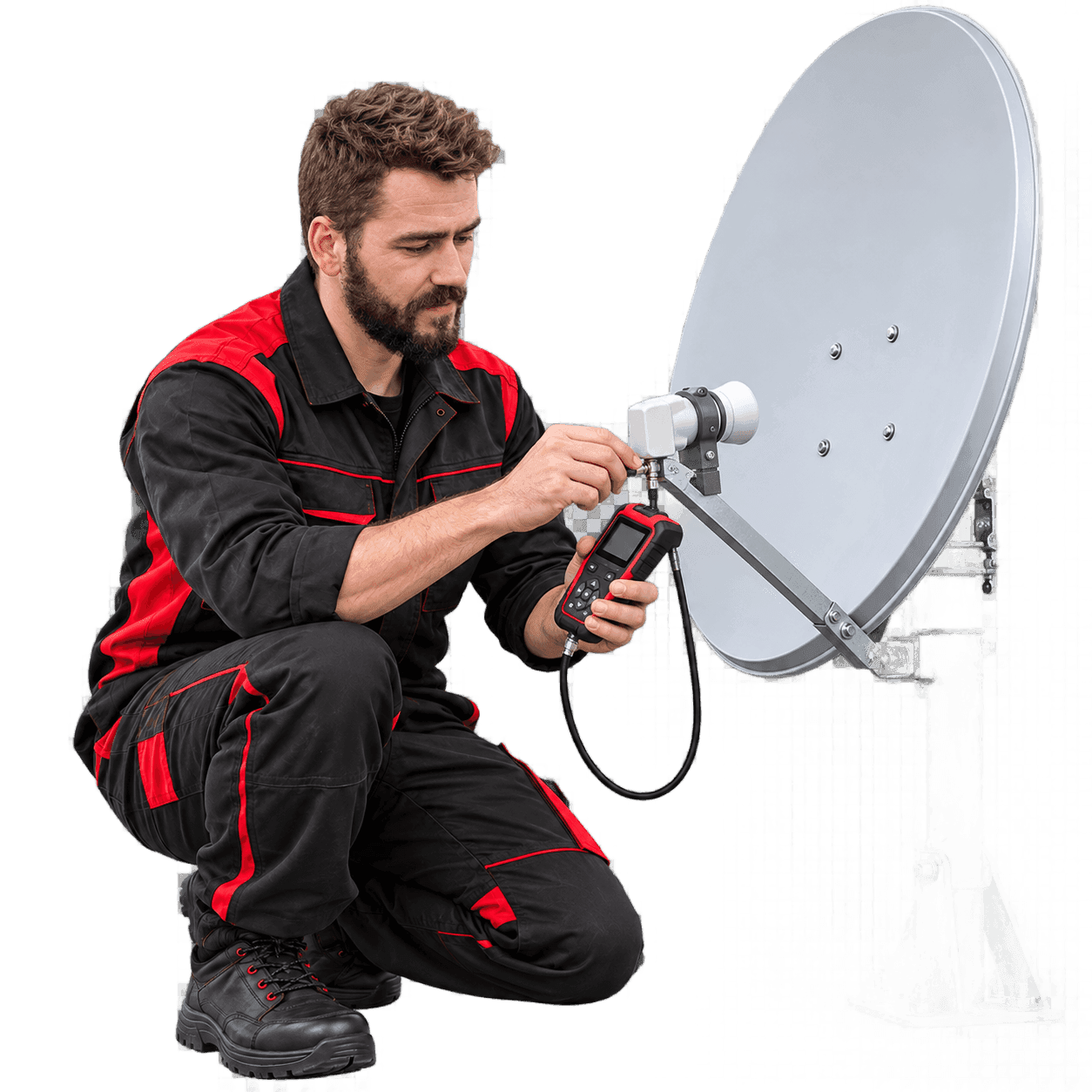 Techniker prüft den LNB-Anschluss einer Satellitenanlage mit einem Signalmessgerät