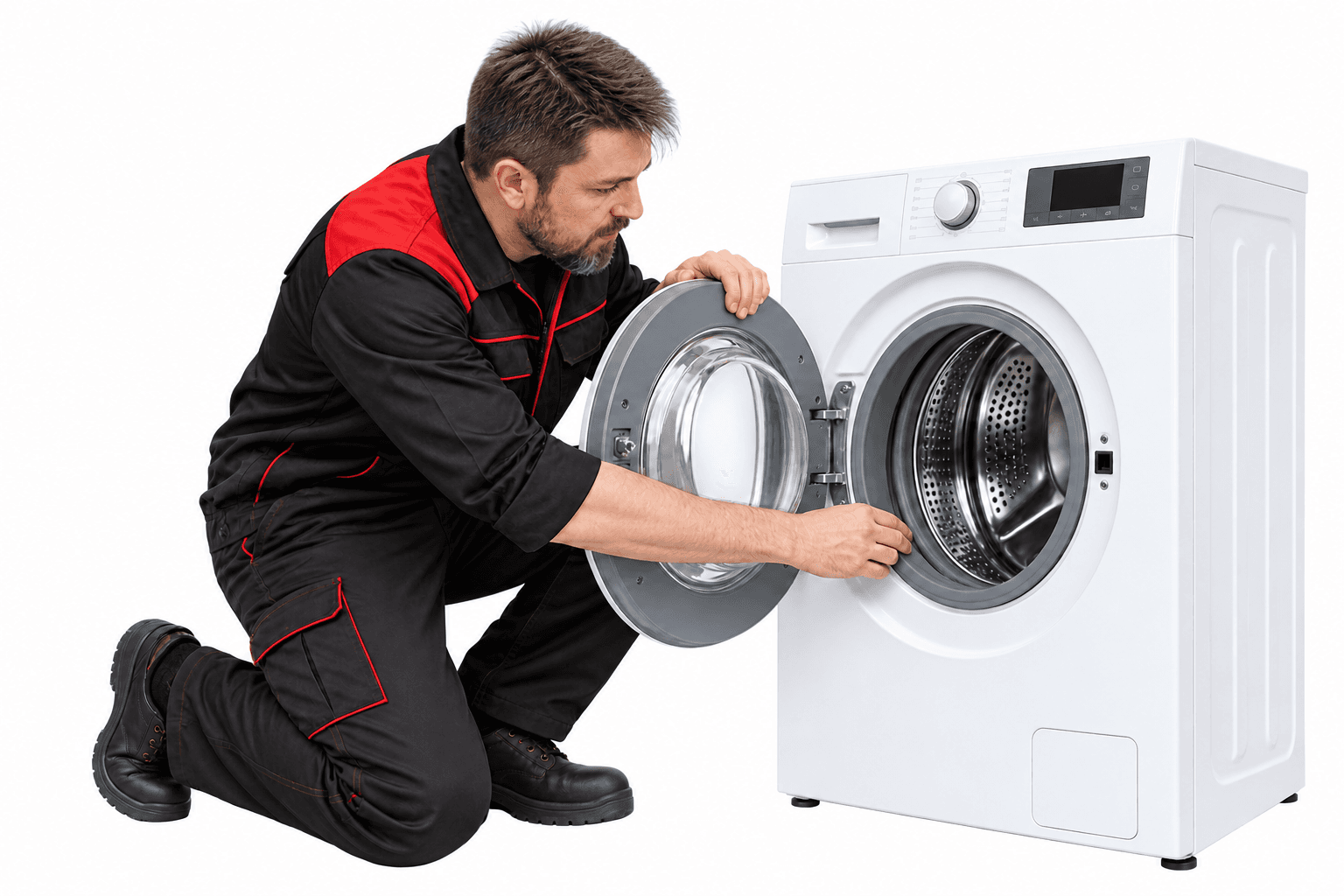 Techniker prüft die Trommel einer Waschmaschine bei geöffneter Tür